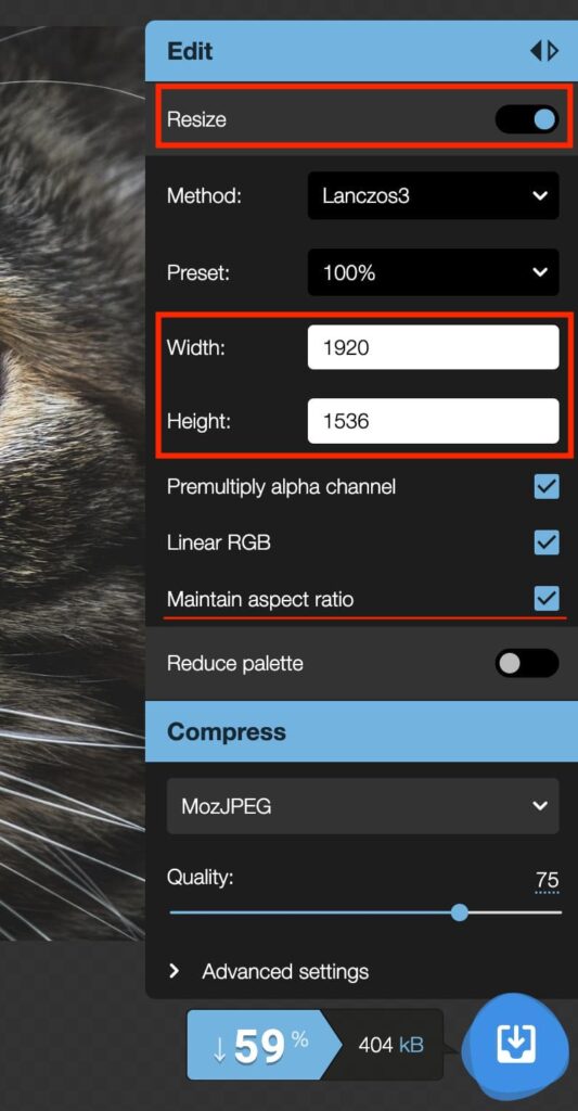 Resize setting area