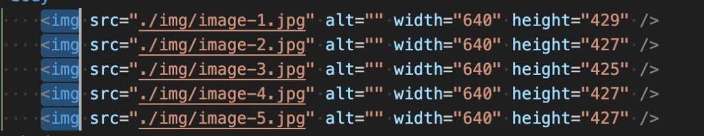 全てのimgタグにwidth, height属性が自動入力された様子