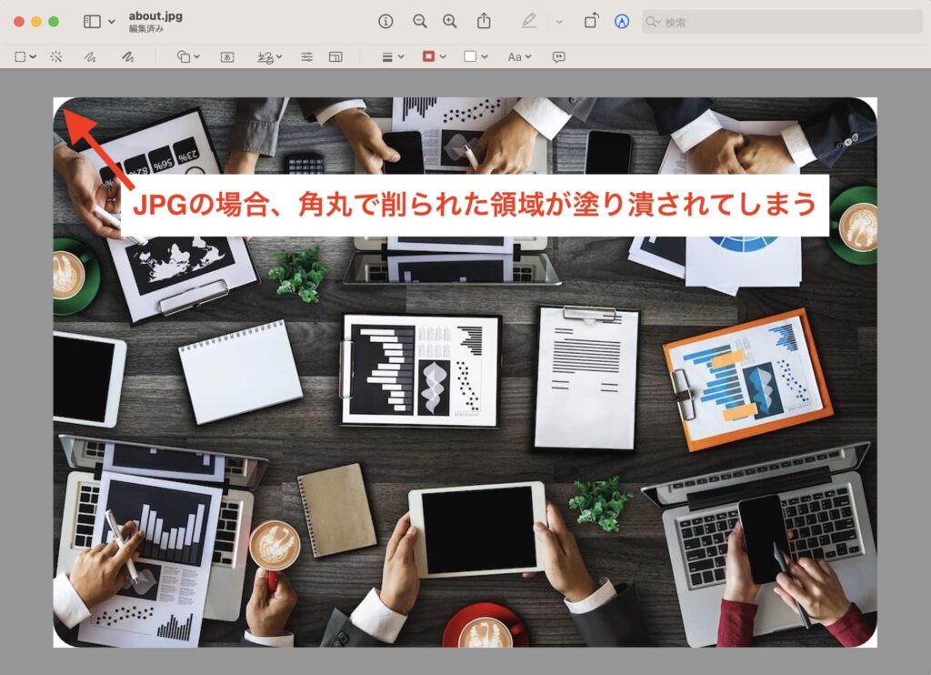 JPGの場合、角丸で削られた領域が塗り潰されてしまう