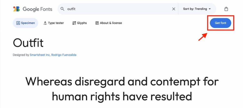 Google Fontsのフォント詳細ページで「Get font」ボタンをクリック